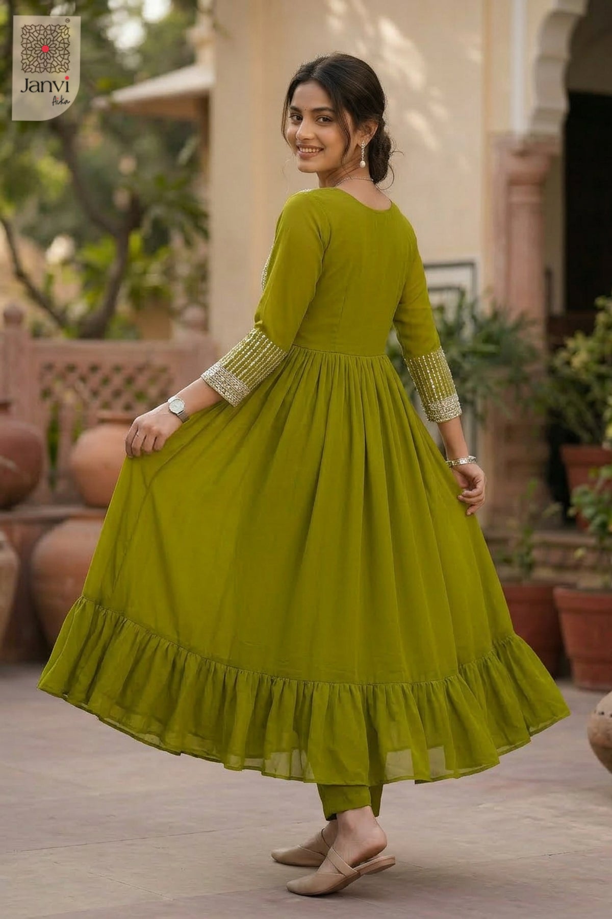 Anaya Olive Shimmer Anarkali Dress