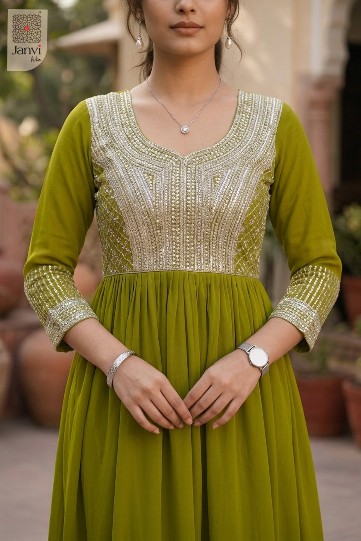 Anaya Olive Shimmer Anarkali Dress