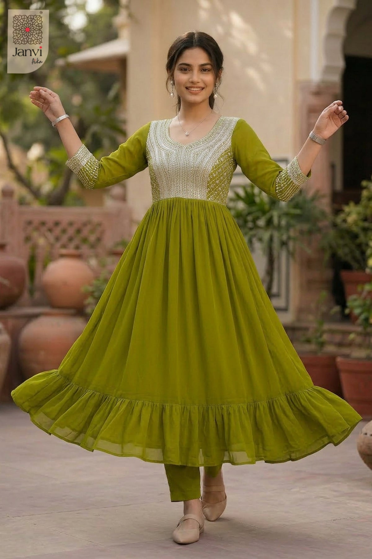 Anaya Olive Shimmer Anarkali Dress
