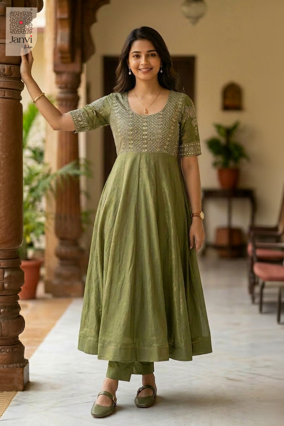 Waist-up front view of Aranya Grace presenting style for women's clothing stores near me.