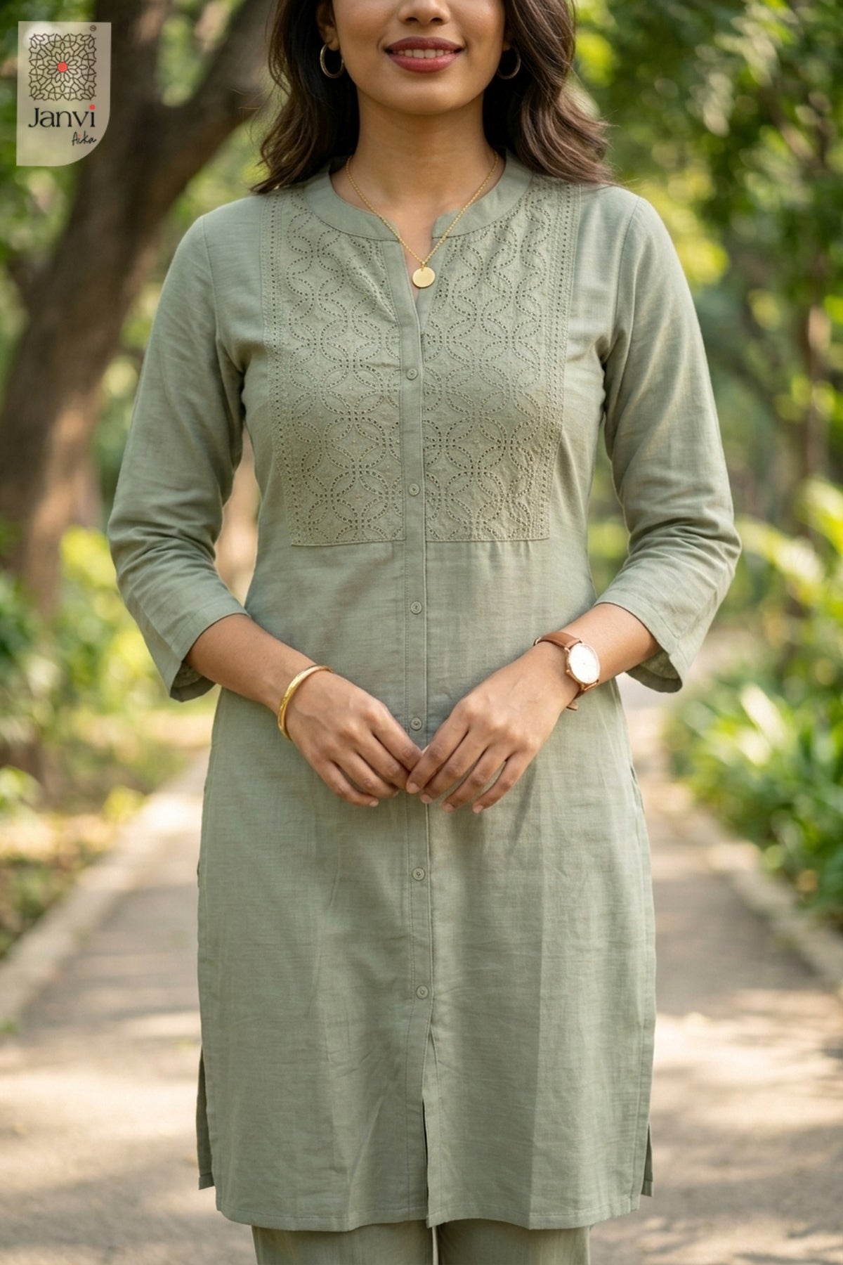 Close-up of Ash Elegance Veda in the 2 piece outfits for ladies range with tonal embroidery.