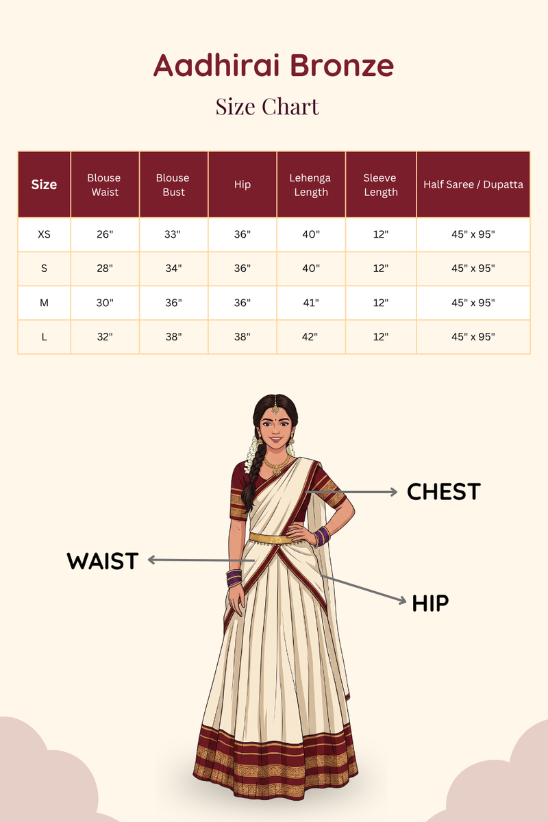 Detailed size chart and measurement guide for Aadhirai Bronze readymade lehenga saree.