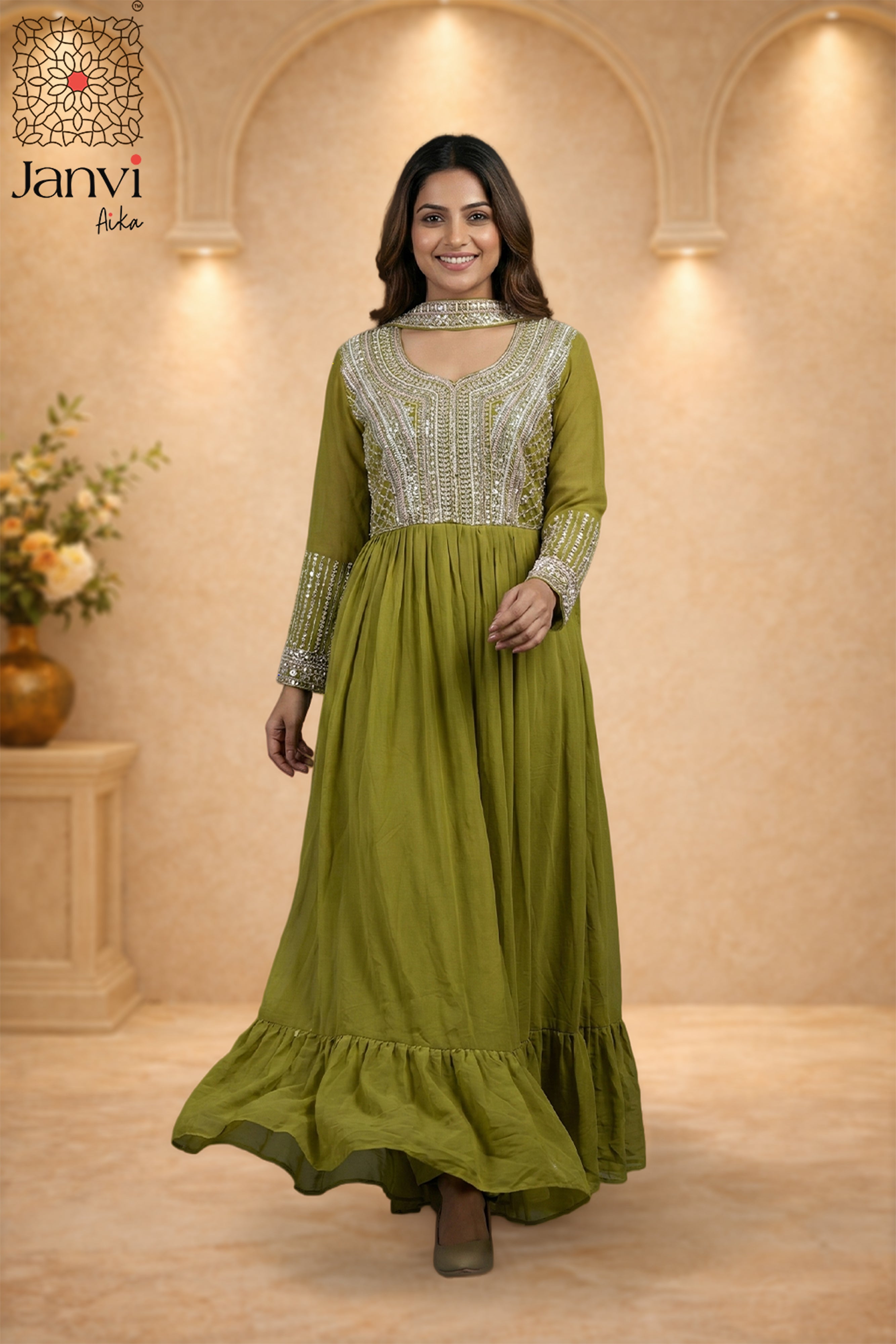 Anaya Olive Shimmer Anarkali Dress