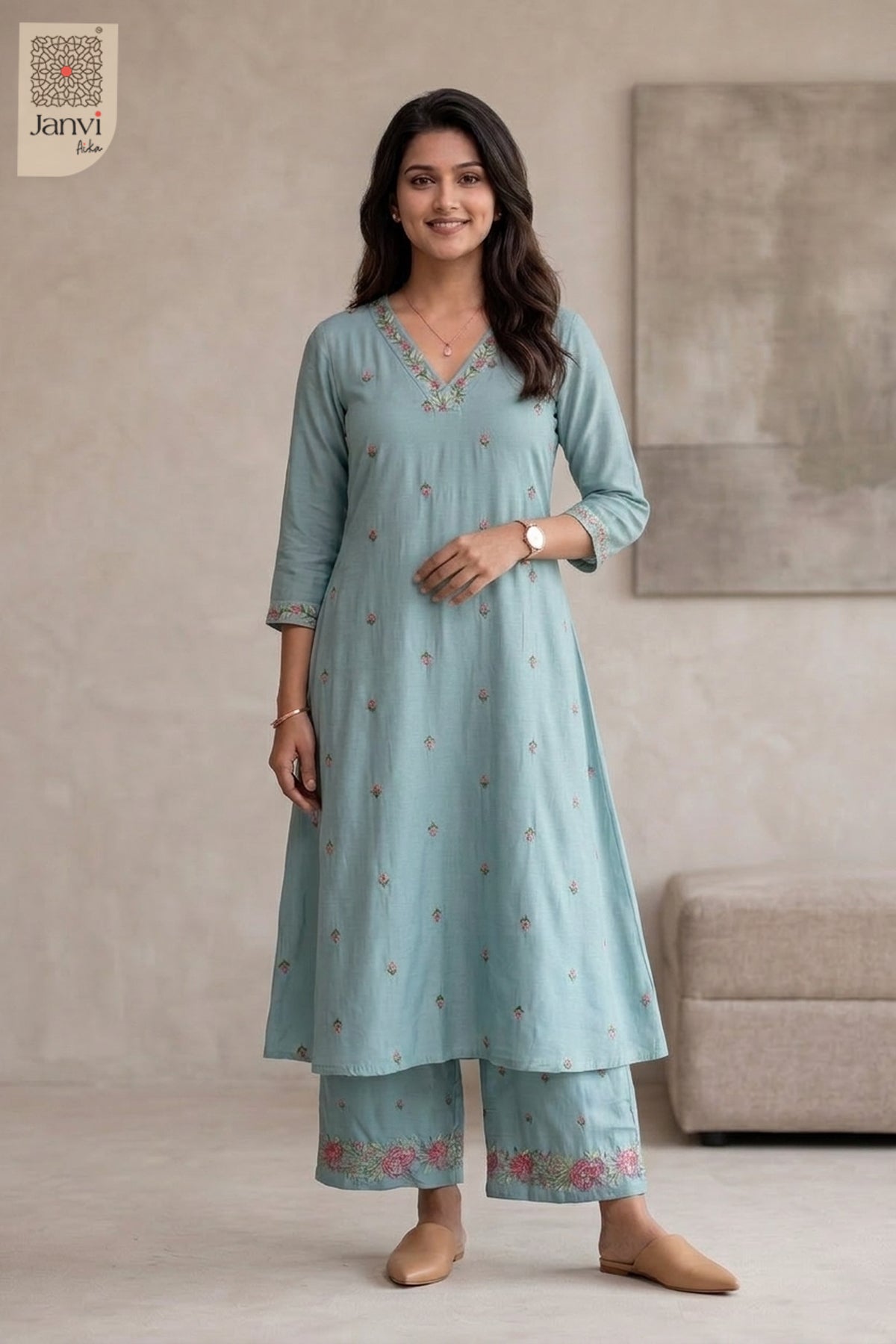 Aqua Blossom Embroidered Set