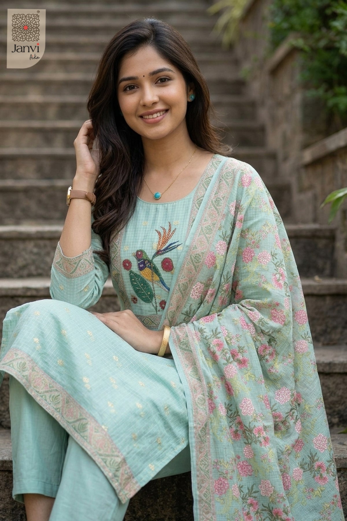 Aqua Royal Aviary Embroidered Kurta