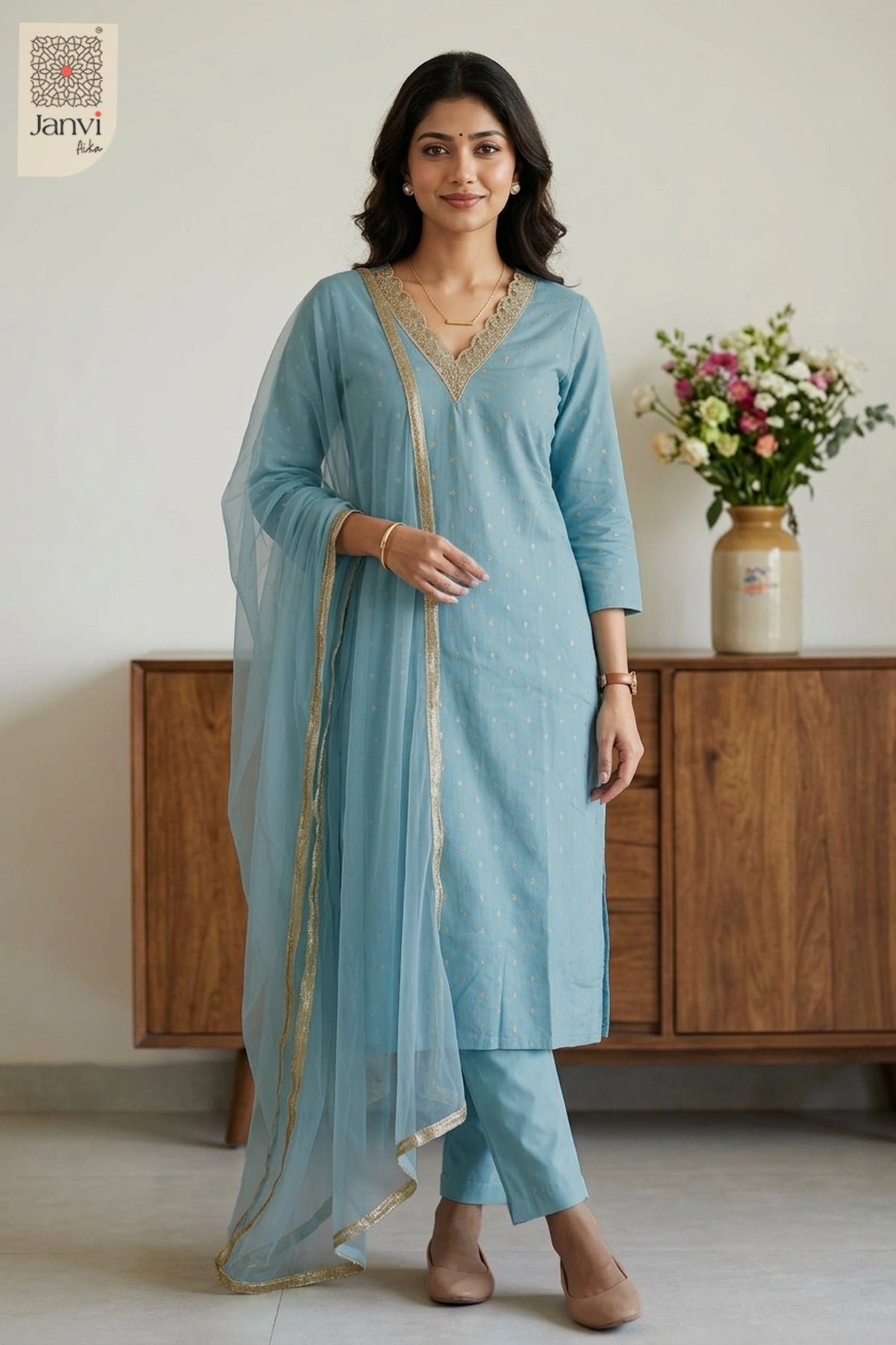 Graceful indoor standing portrait in an elegant festive floral party wear churidar.