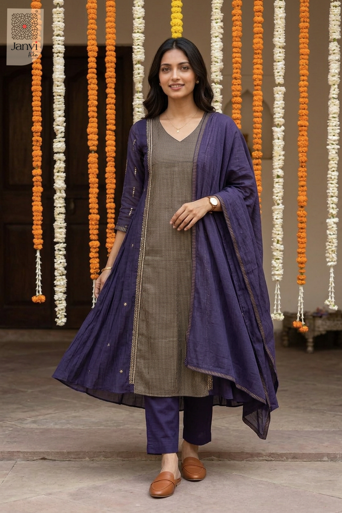 Astral Pinstripe Star Motif V Neck Anarkali