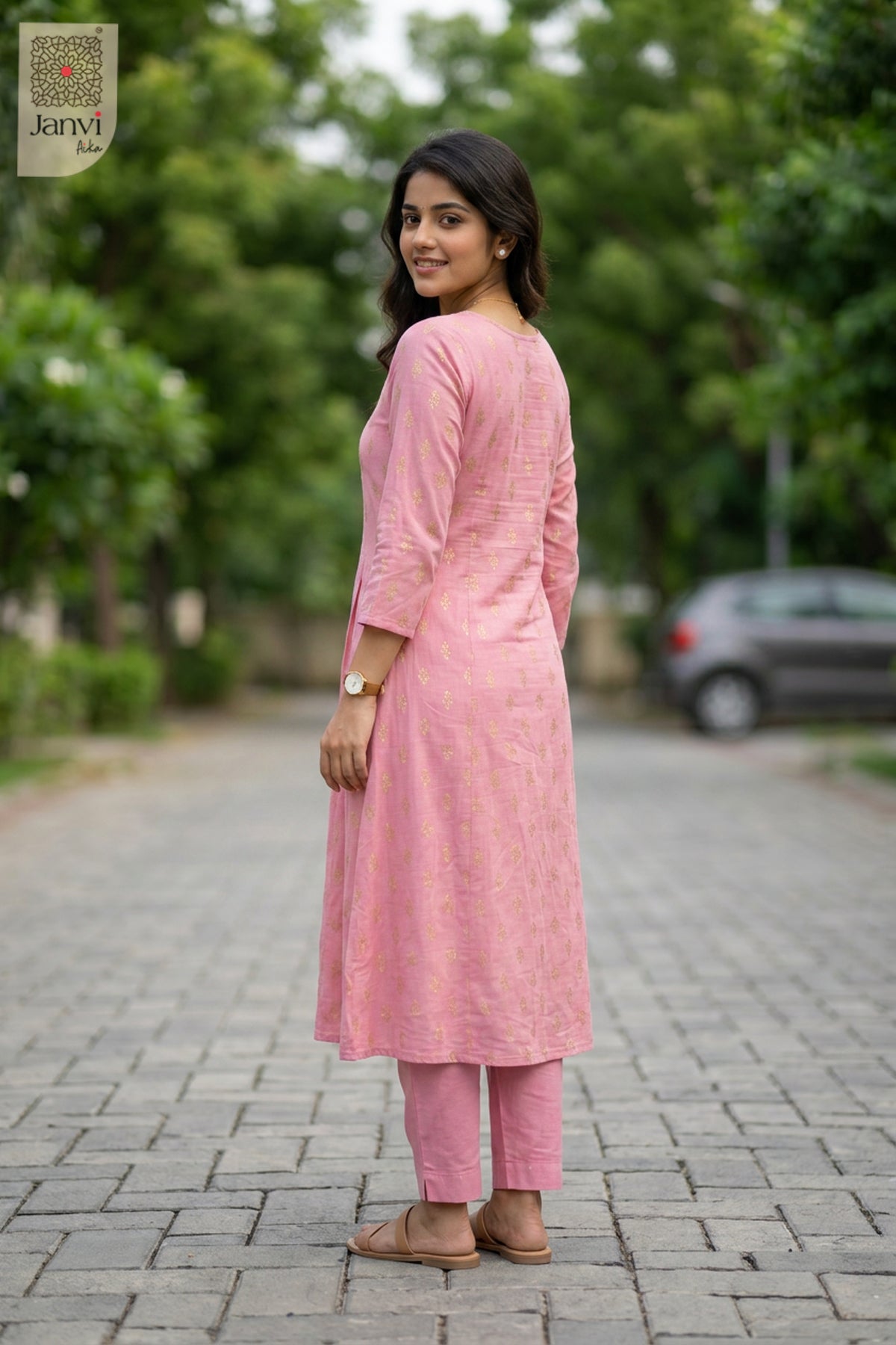 Front angled view of the flared silhouette of Blush Chic Top for simple party wear dress for ladies.
