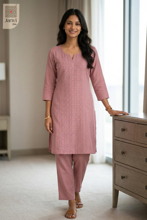 Standing front view of Blush Harmony in light pink from the 2 piece outfits for ladies collection.