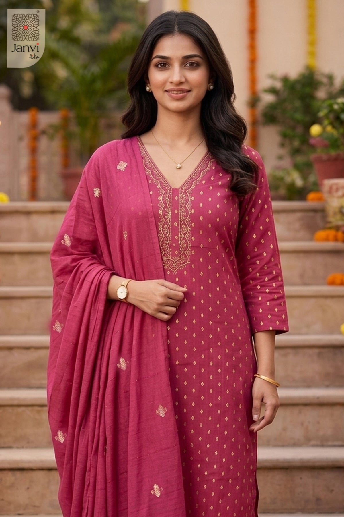 Berry Paradox Gold Butti Straight Kurta