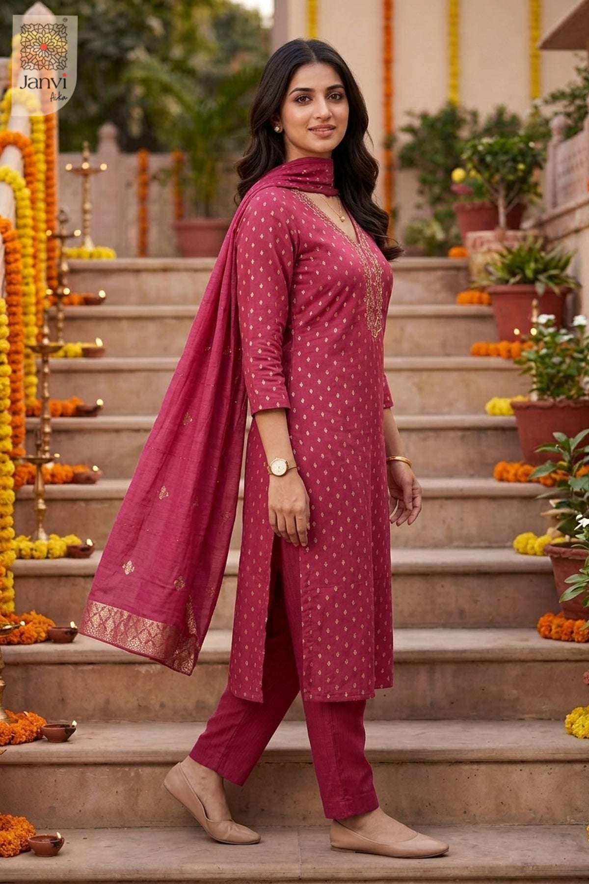 Berry Paradox Gold Butti Straight Kurta