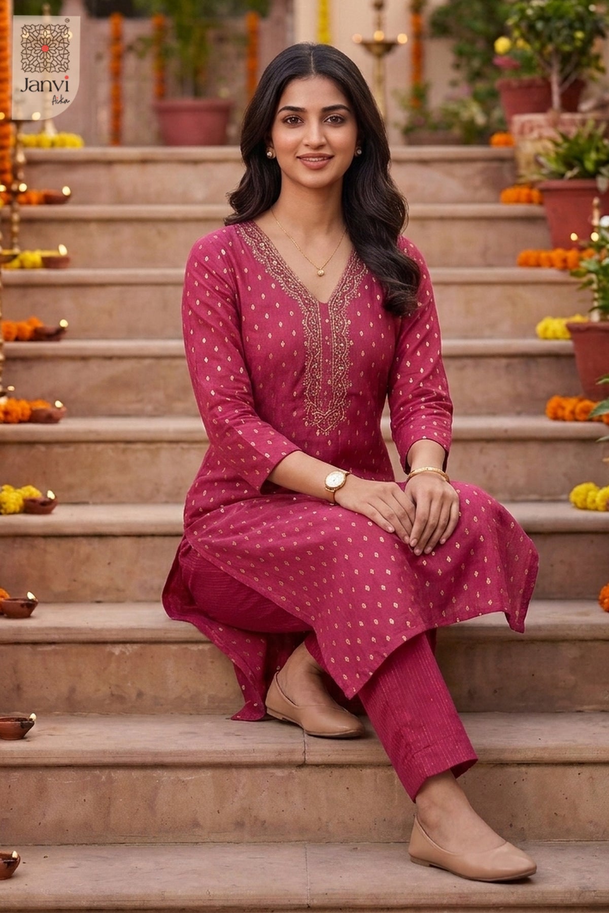 Berry Paradox Gold Butti Straight Kurta