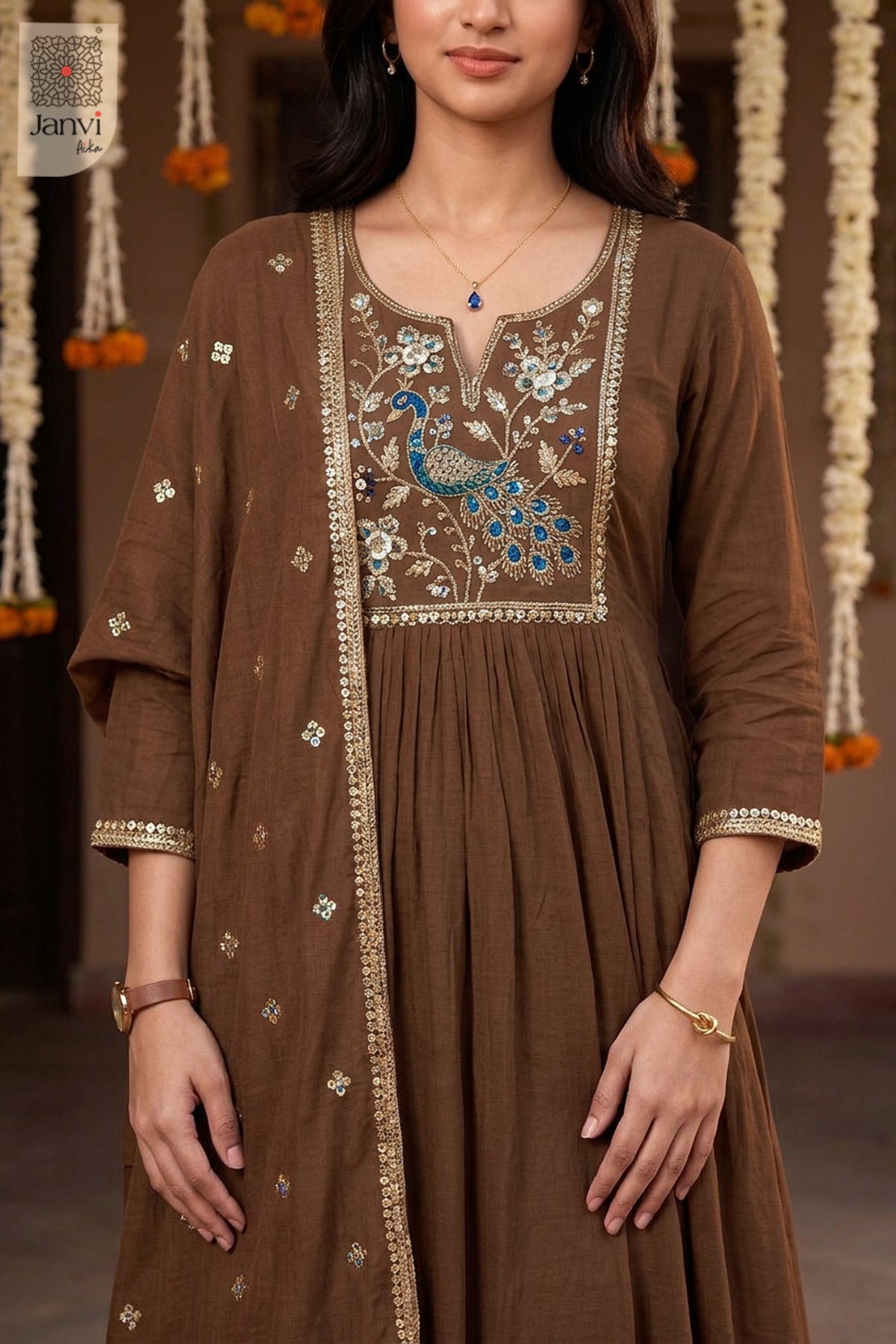 Bronze Peacock Cutdana Notch Neck Anarkali