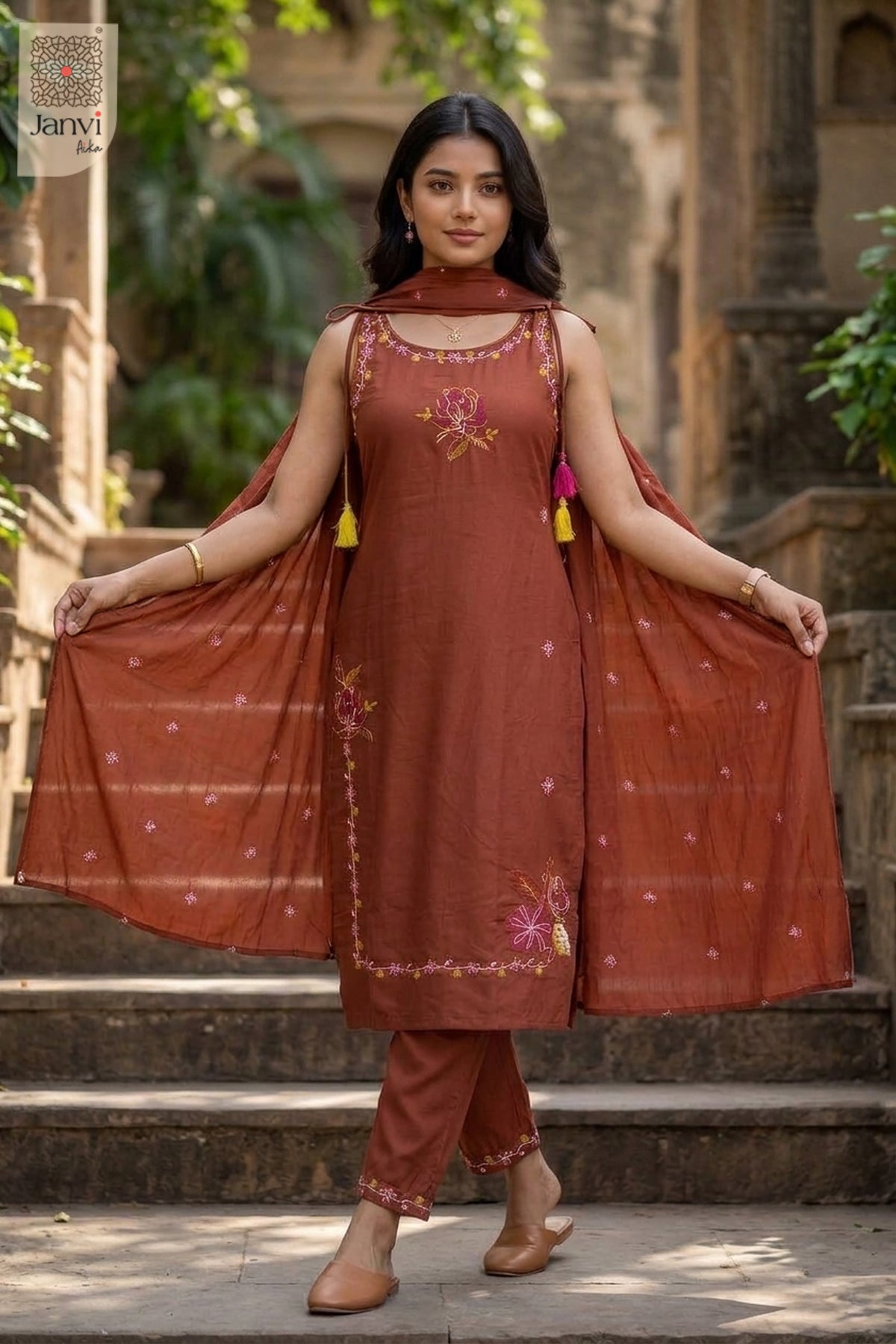 Burnt Sienna Wildflower Embroidered Kurta
