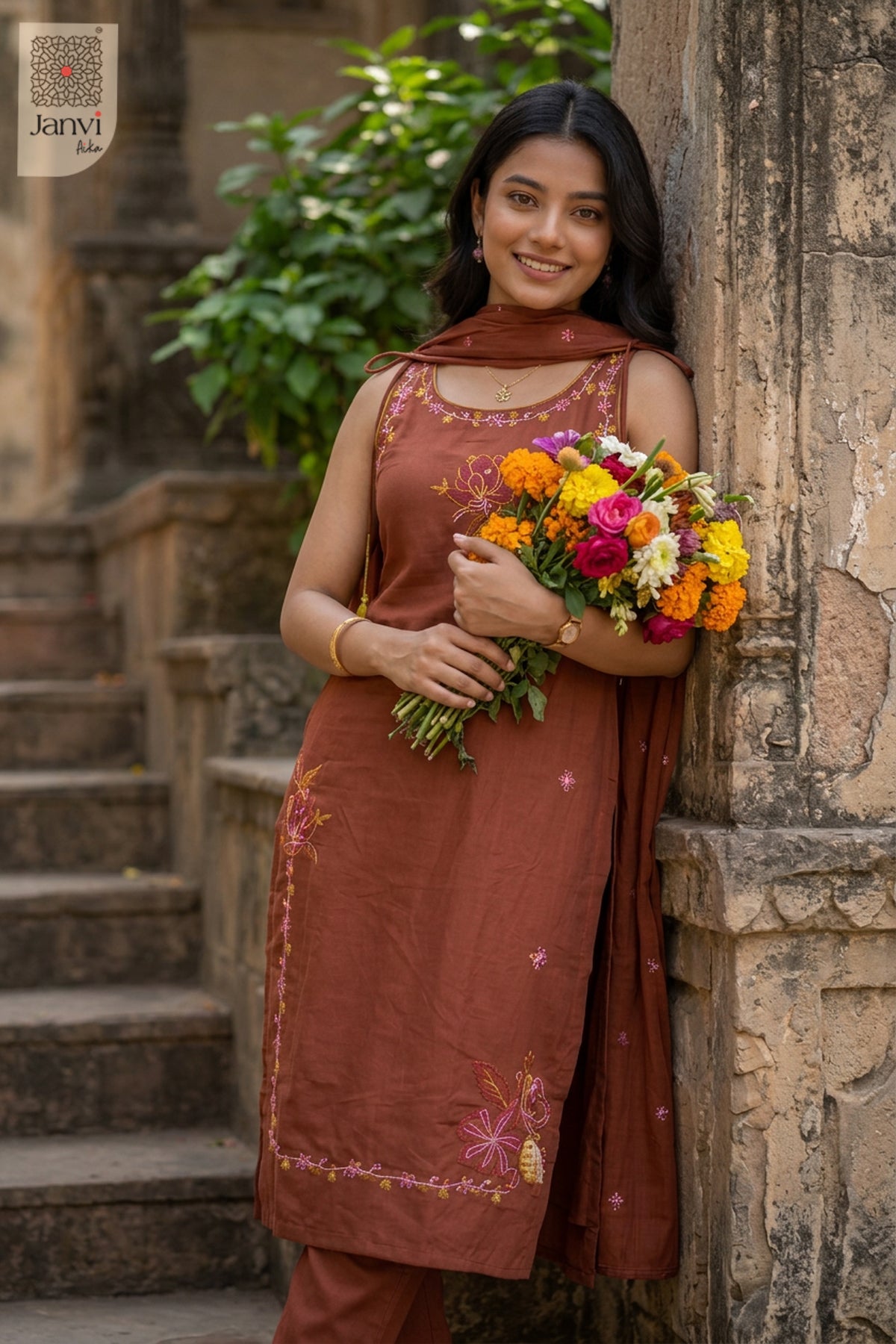 Burnt Sienna Wildflower Embroidered Kurta