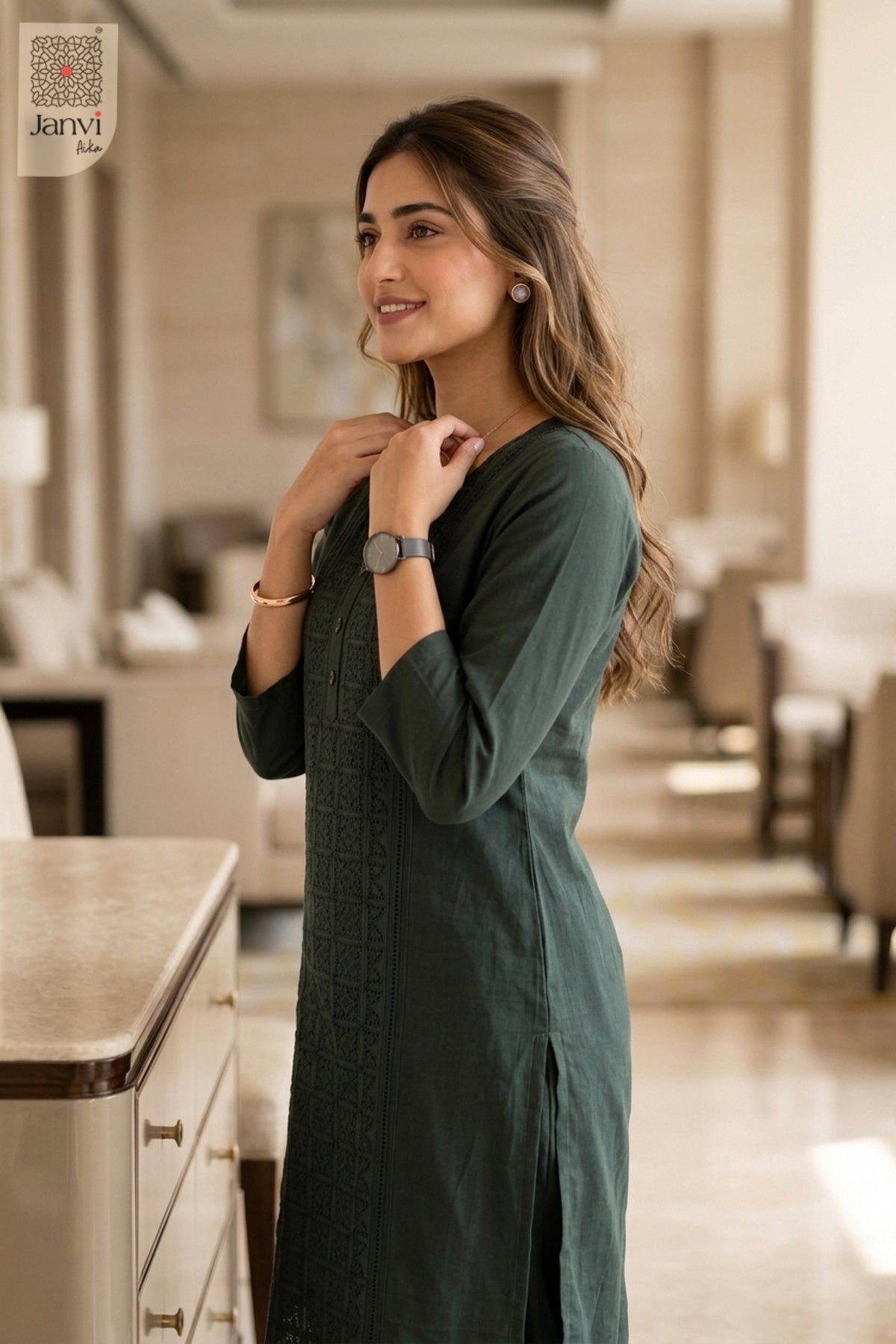 Three-quarter view of Cedar Charm from the 2 piece outfits for ladies range with elbow sleeves.