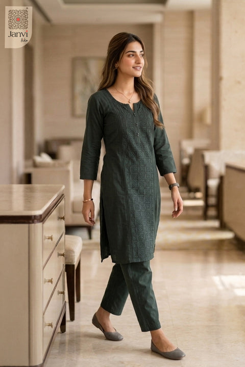 Walking pose of Cedar Charm in dark green from the 2 piece outfits for ladies collection.
