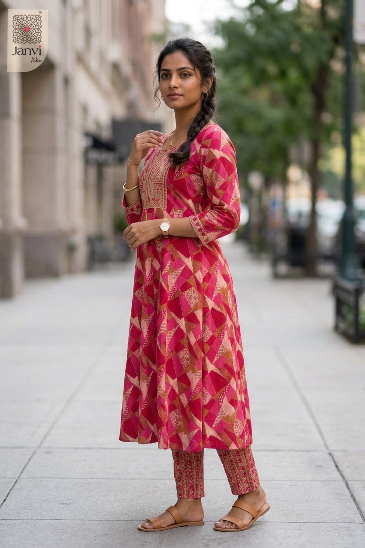 Side profile view of Cherry Chevron showcasing design for designer indian wedding dresses.
