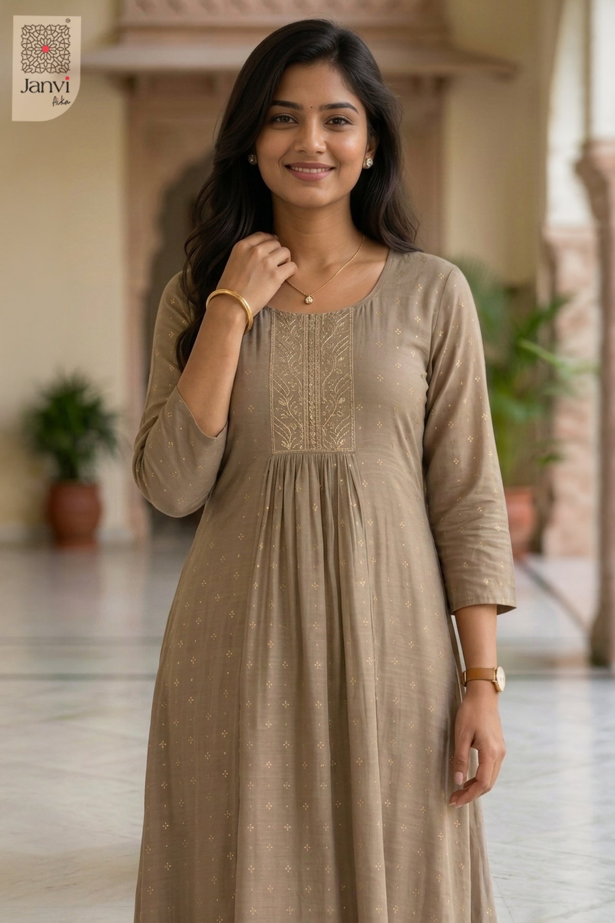 Stunning rayon and cotton beautiful dinner wear for ladies with an exquisite Front angled view.