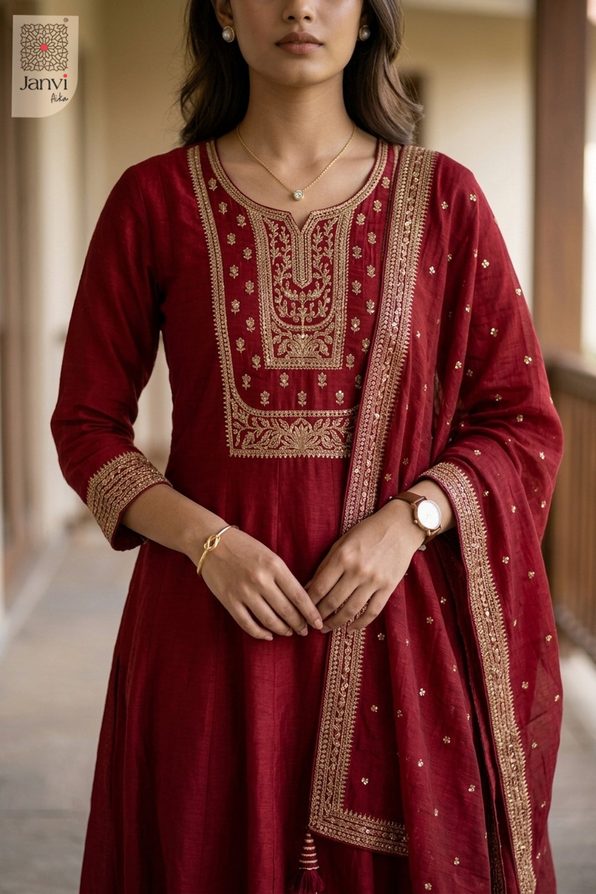 Front angled view of the flared silhouette of Crimson Naaz for birthday party dresses for ladies.