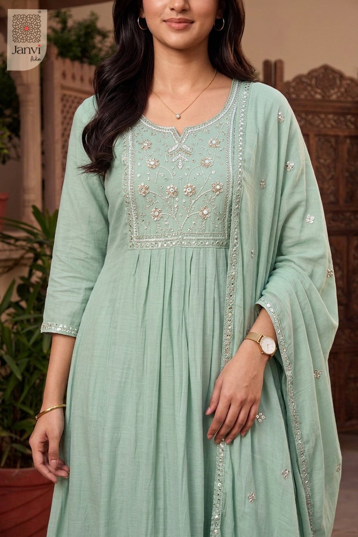 Celadon Dabka Floral Notch Neck Anarkali