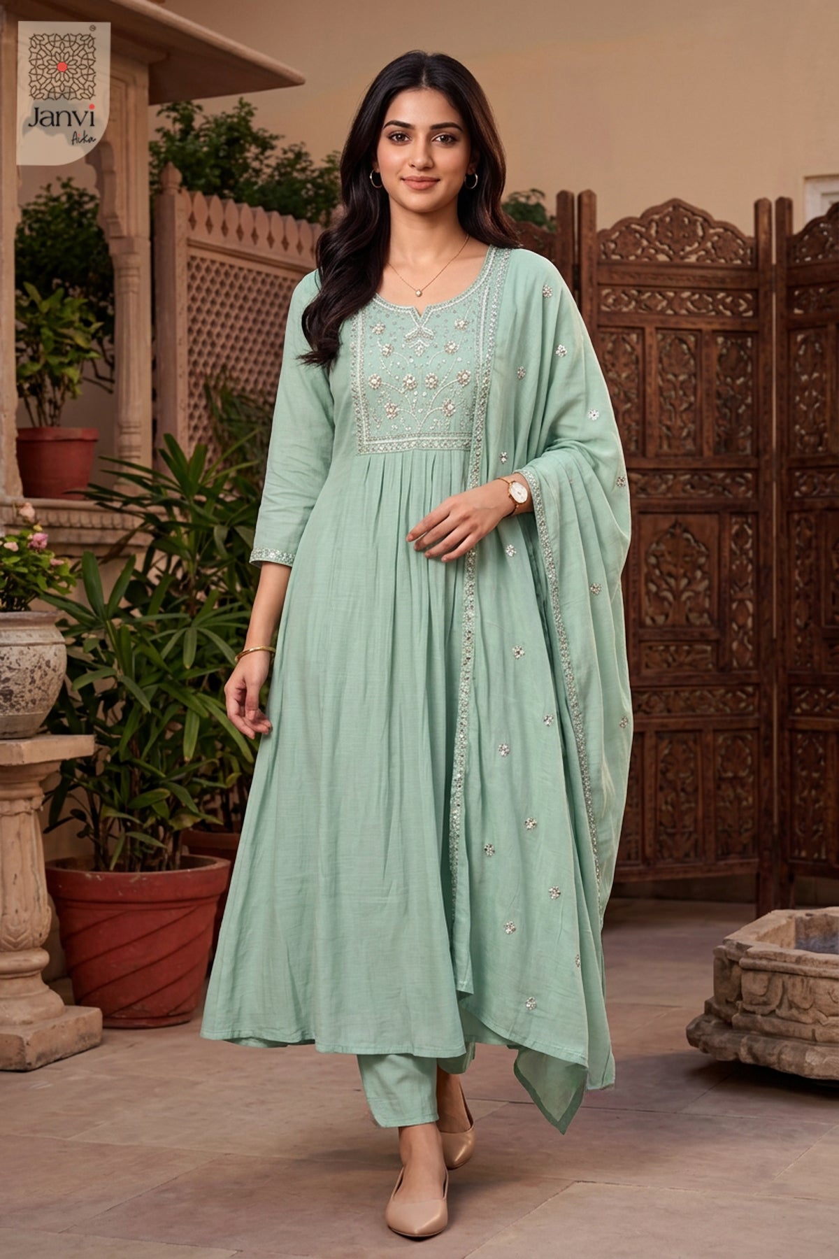 Celadon Dabka Floral Notch Neck Anarkali