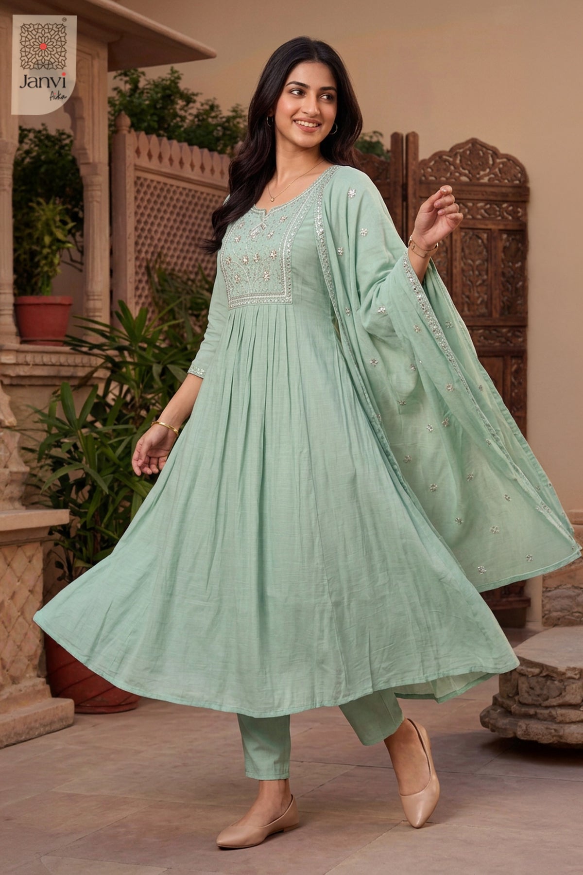 Celadon Dabka Floral Notch Neck Anarkali
