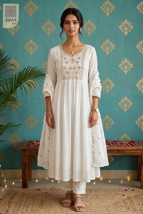 Champagne Rosette Threadwork Notch Neck Anarkali
