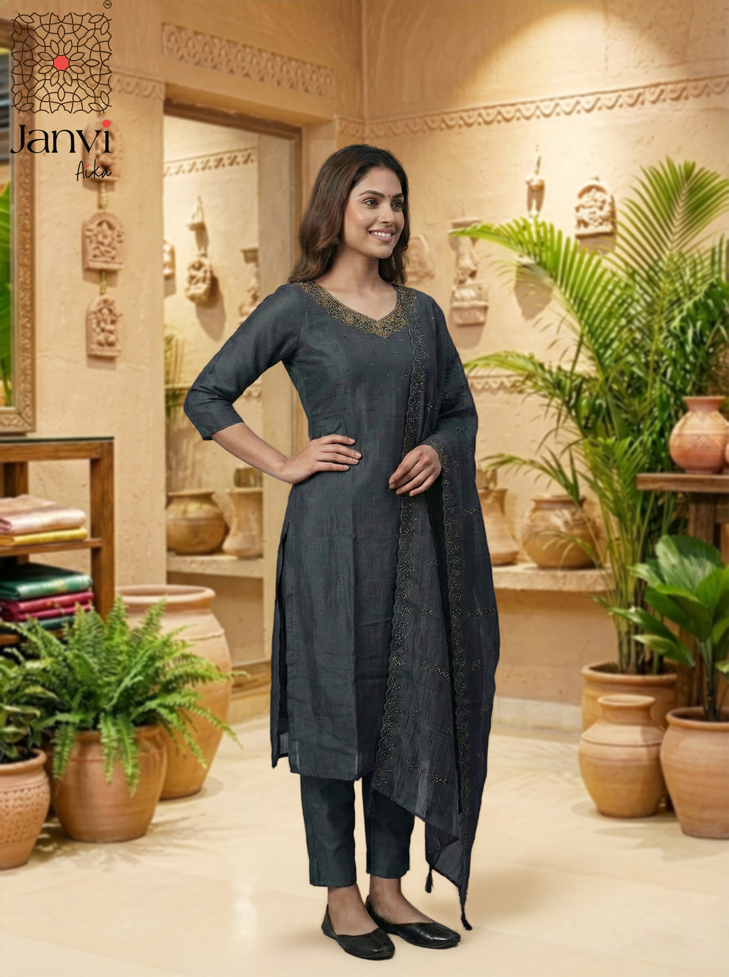 Charcoal Zari Grace Chudidhar Set
