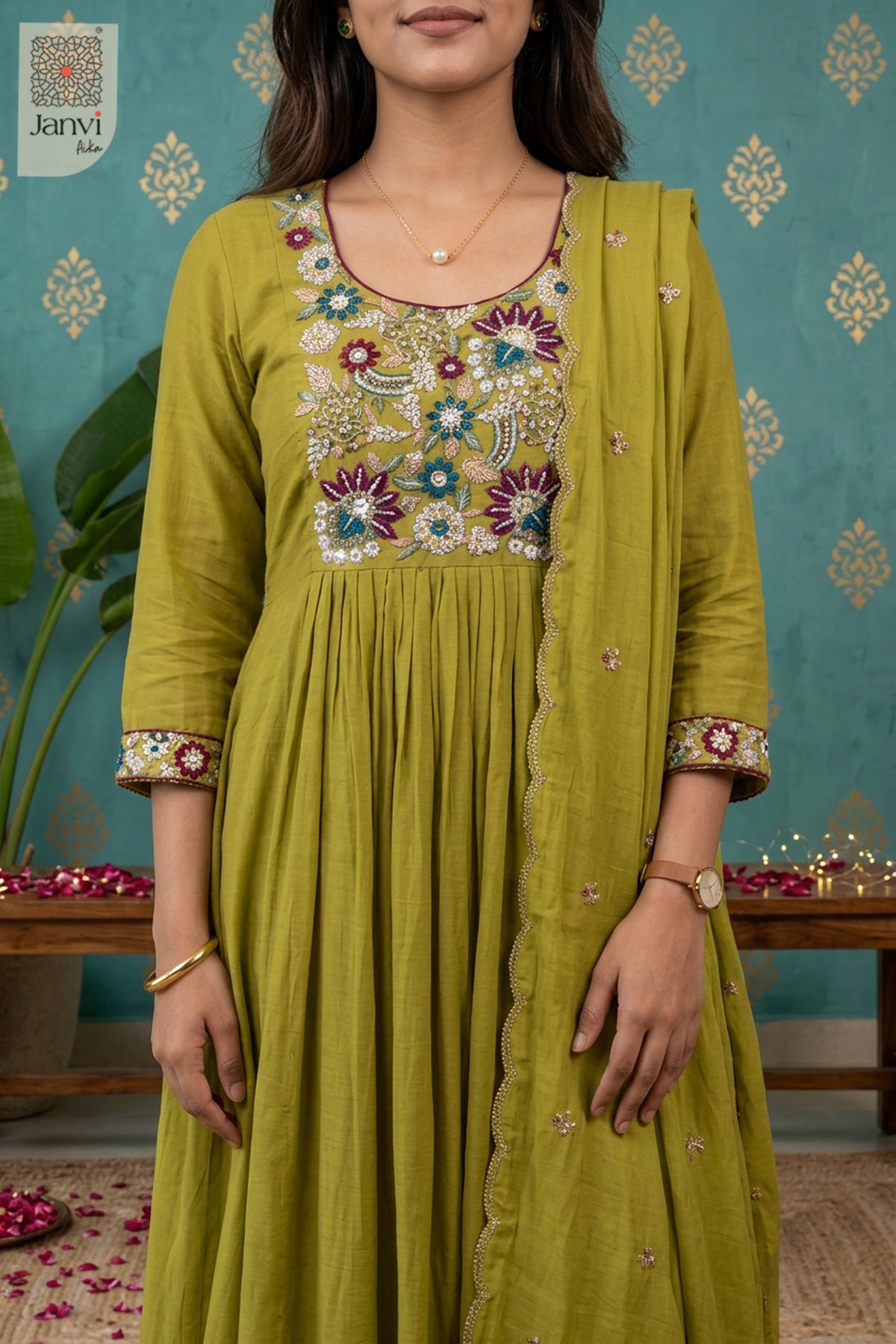Chartreuse Jewel Meadow Beadwork Round Neck