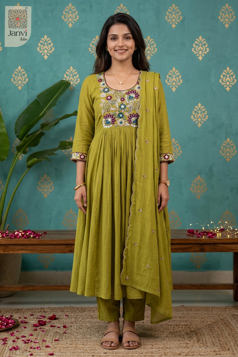 Chartreuse Jewel Meadow Beadwork Round Neck