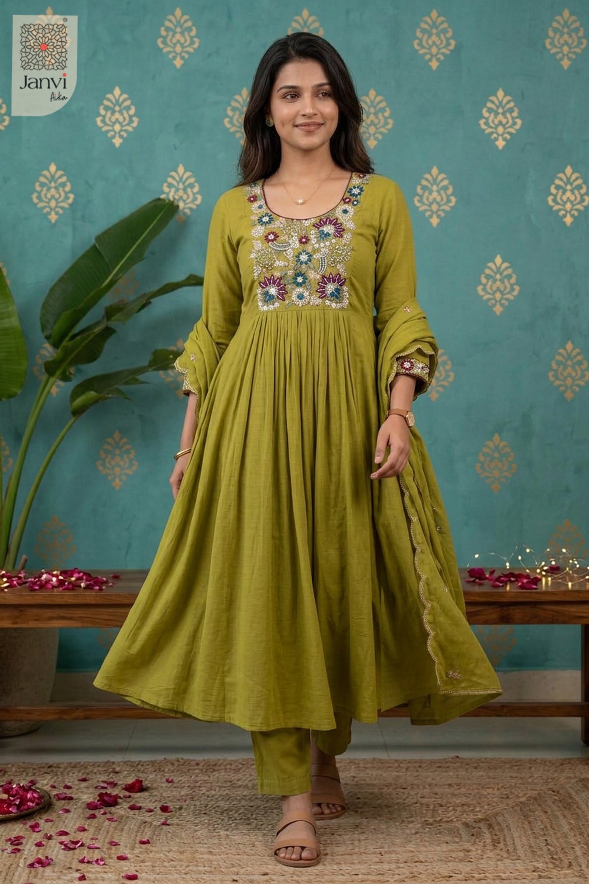 Chartreuse Jewel Meadow Beadwork Round Neck