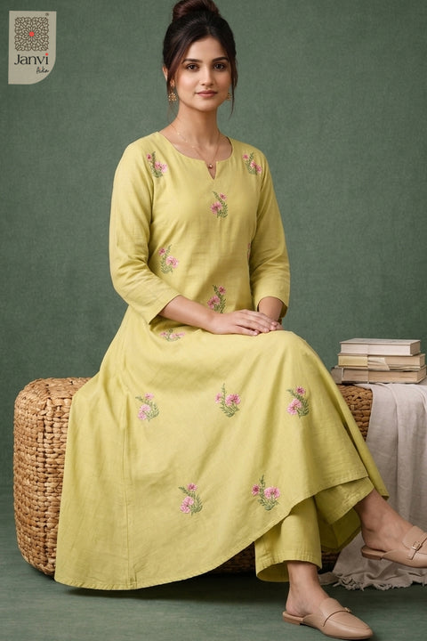 Chartreuse Rose Garden Embroidered Kurta