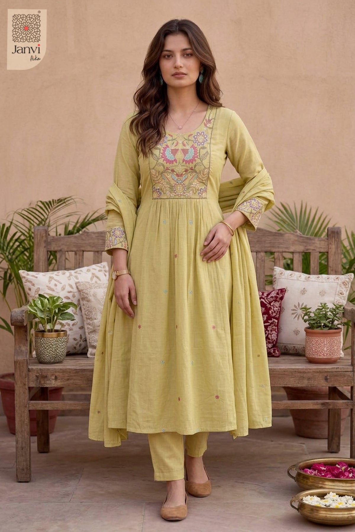 Chartreuse Gardenframe Embroidered Round Neck