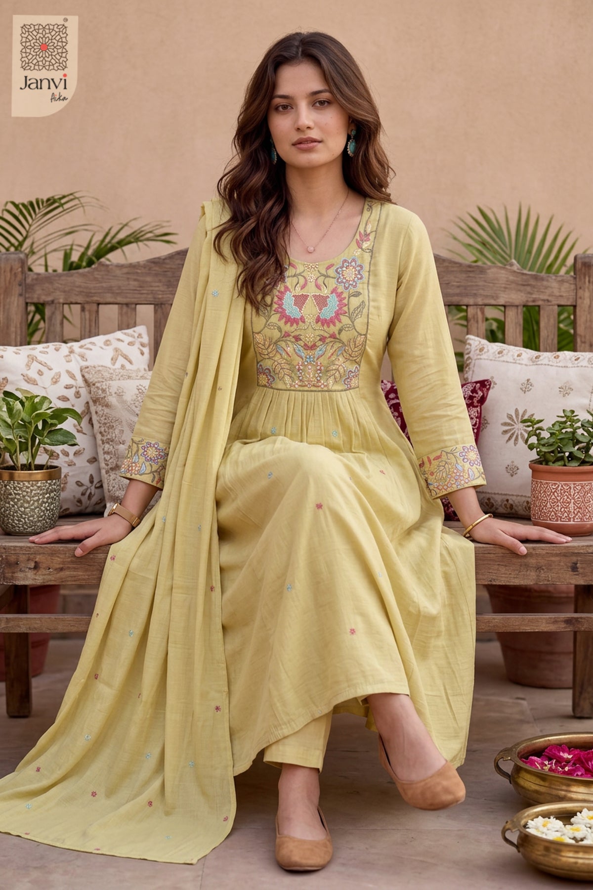 Chartreuse Gardenframe Embroidered Round Neck