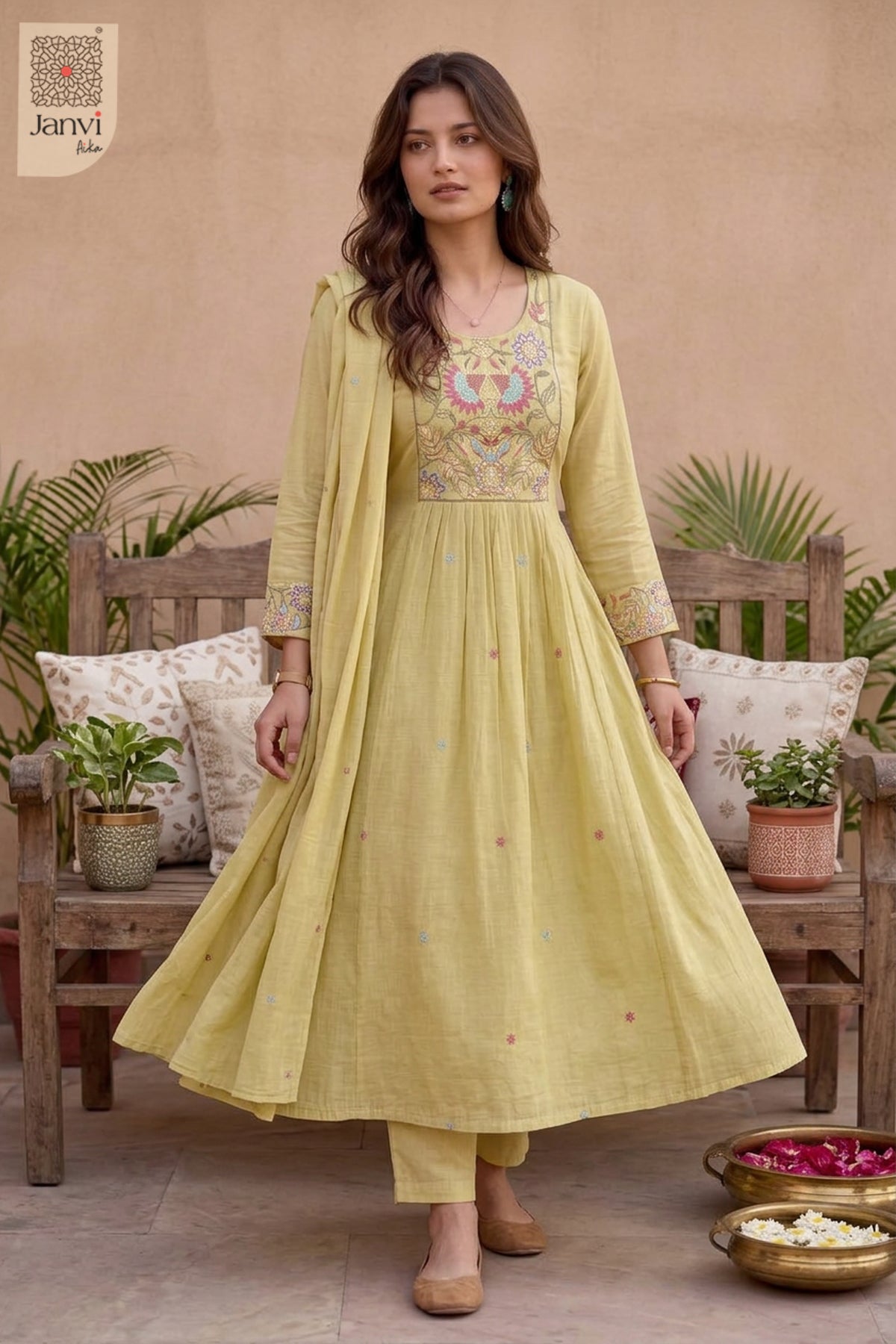 Chartreuse Gardenframe Embroidered Round Neck