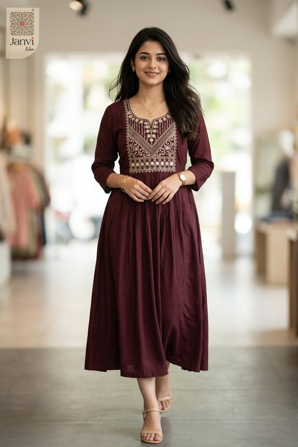 Model in very dark red long tunic tops for women standing inside a fashion boutique