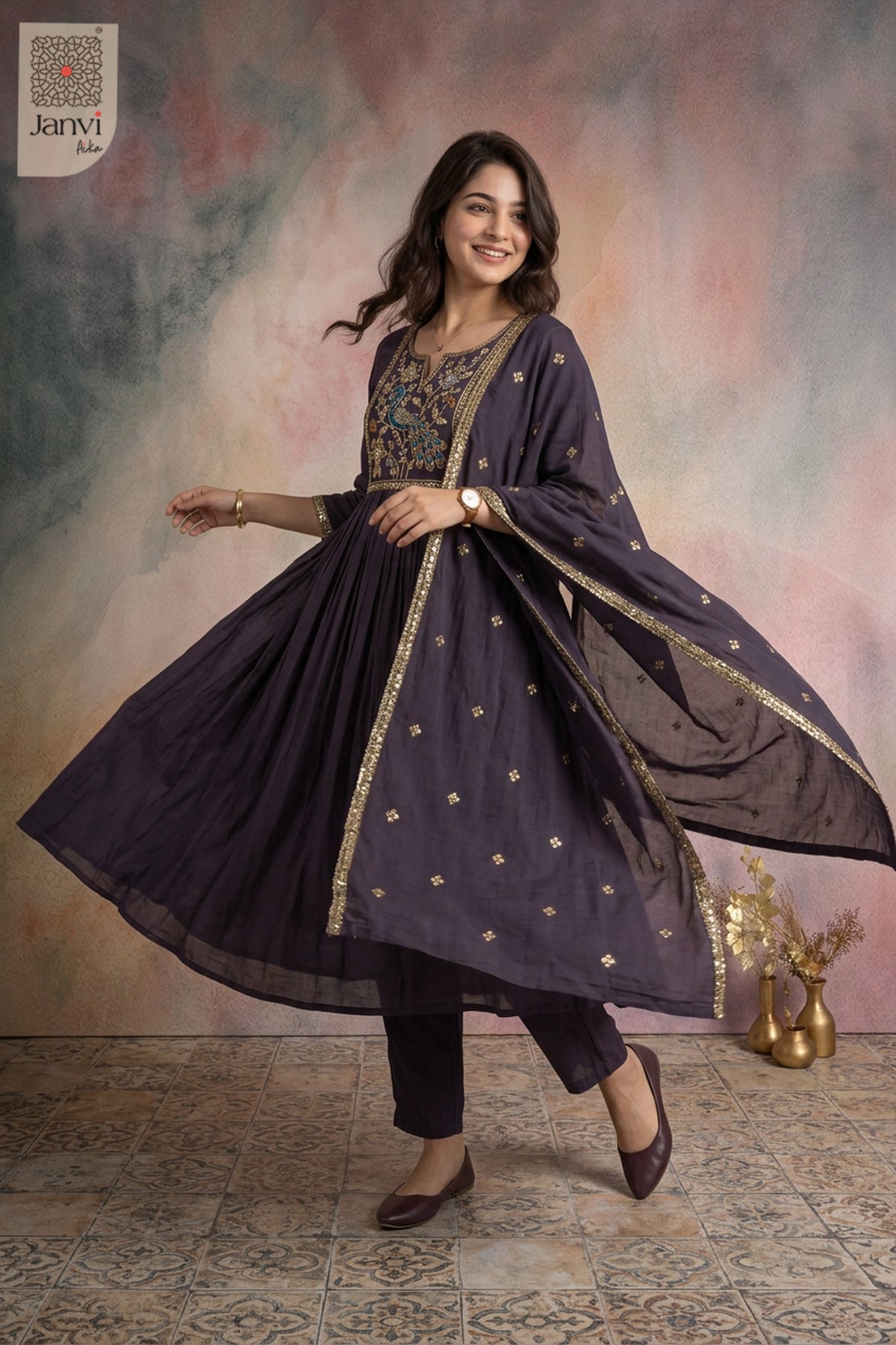 Coral Muse Peacock Embroidered Notch Neck Anarkali