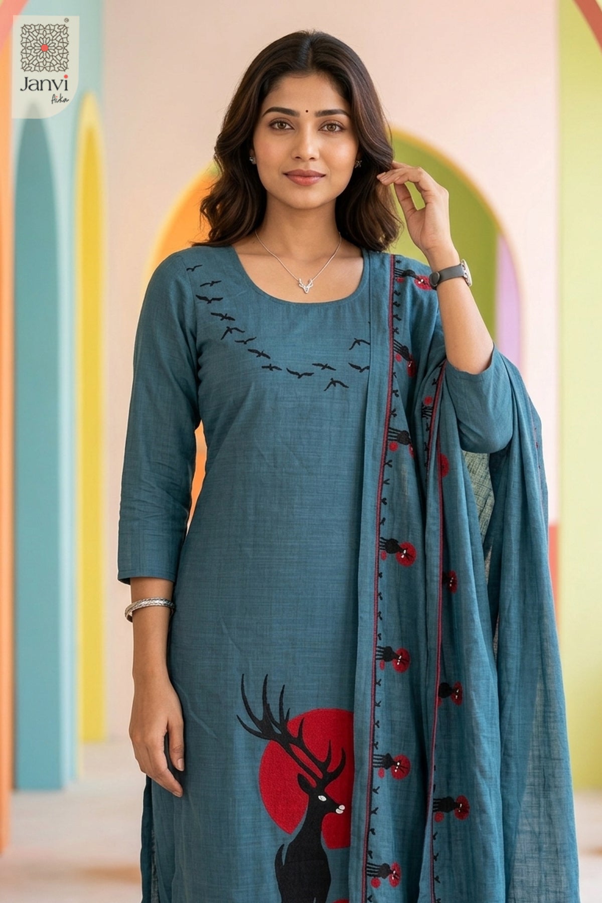 Crimson Eclipse Deer Motif Kurta