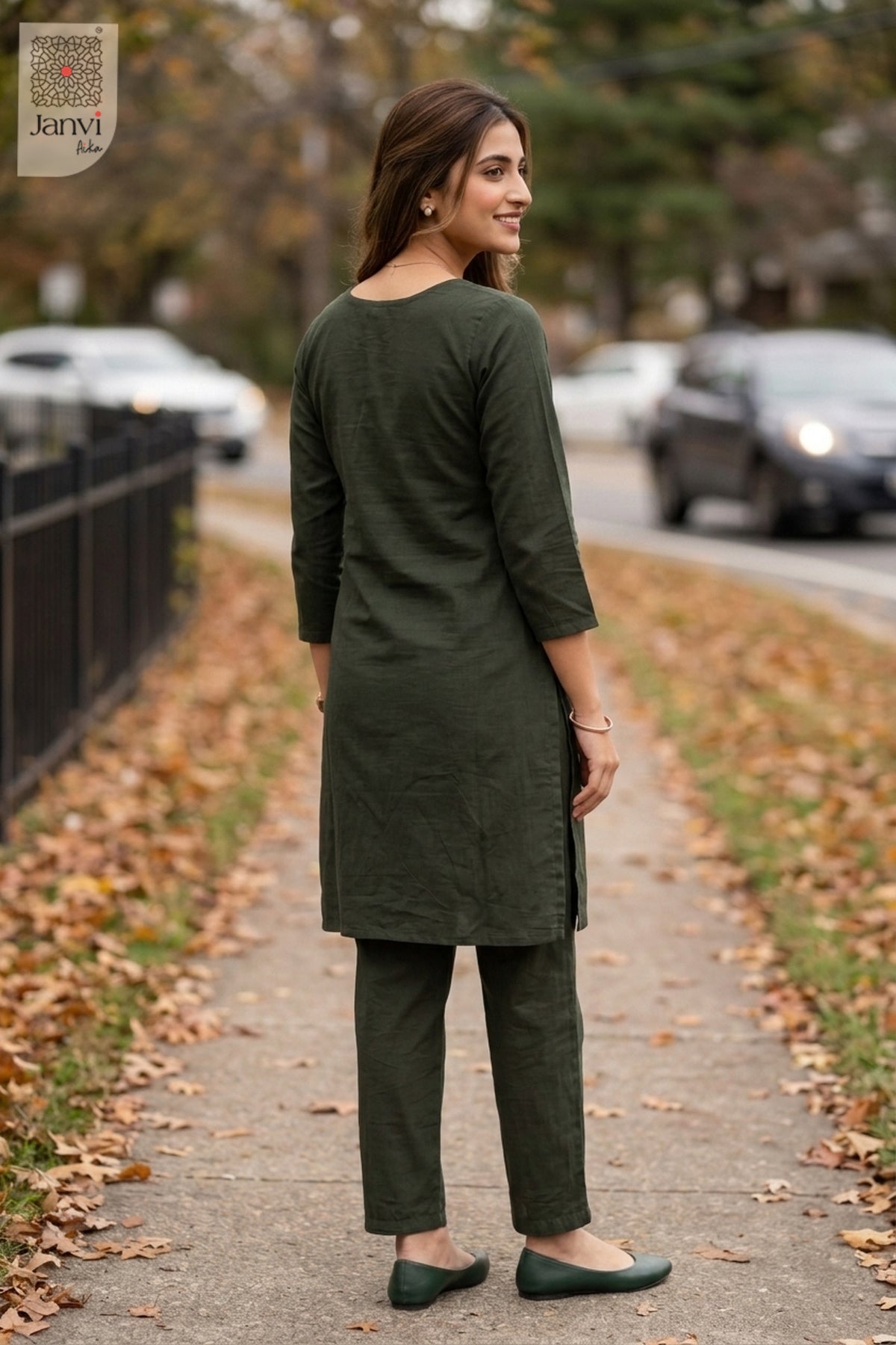 Rear view of Deep Forest Grace in olive green cotton from the 2 piece outfits for ladies collection.