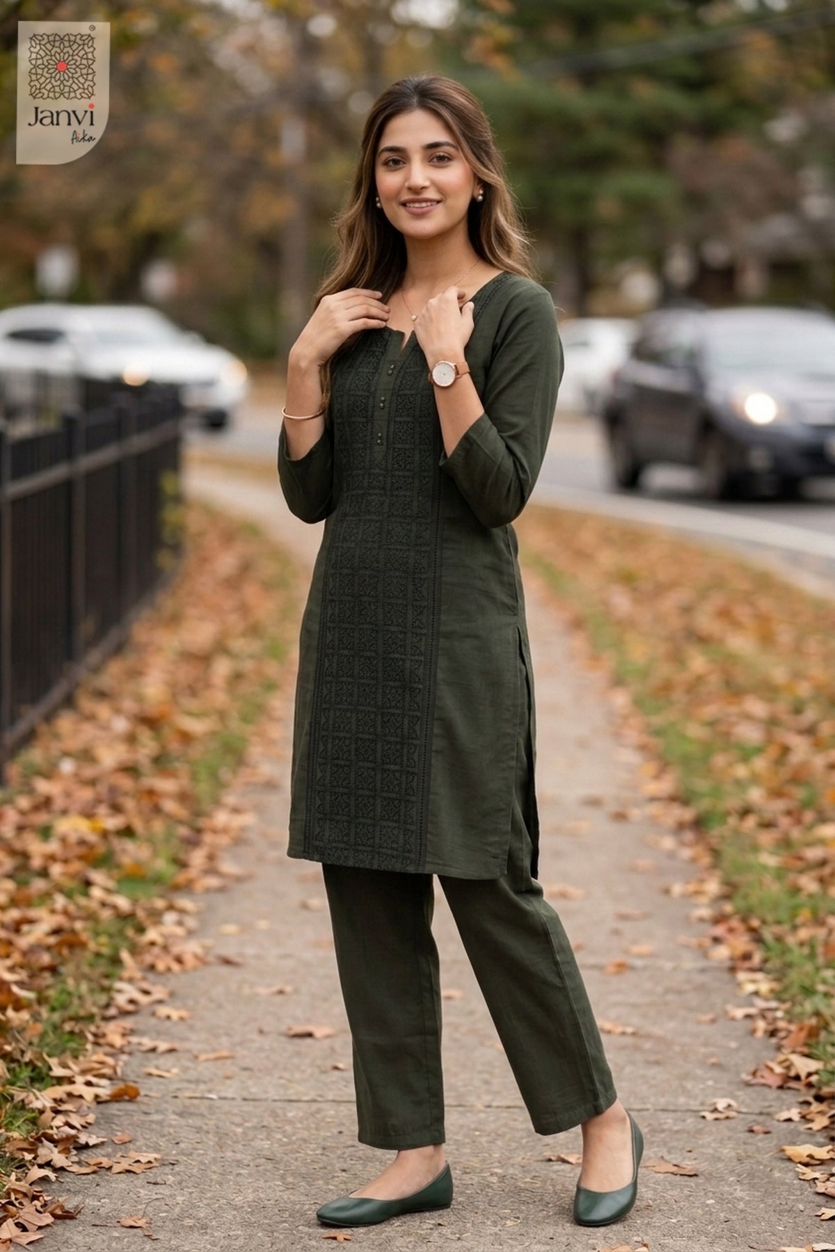Front full pose of Deep Forest Grace in olive green from the 2 piece outfits for ladies collection.