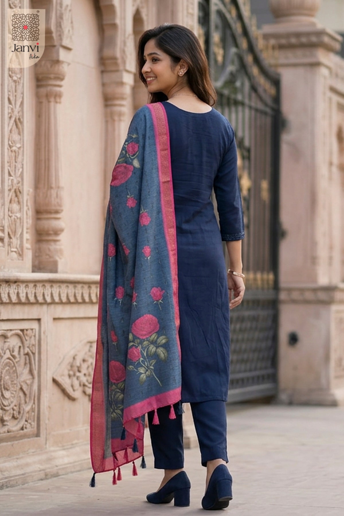 Back view showing neckline styling of Deep Sea Dahlia for readymade party wear suits online.