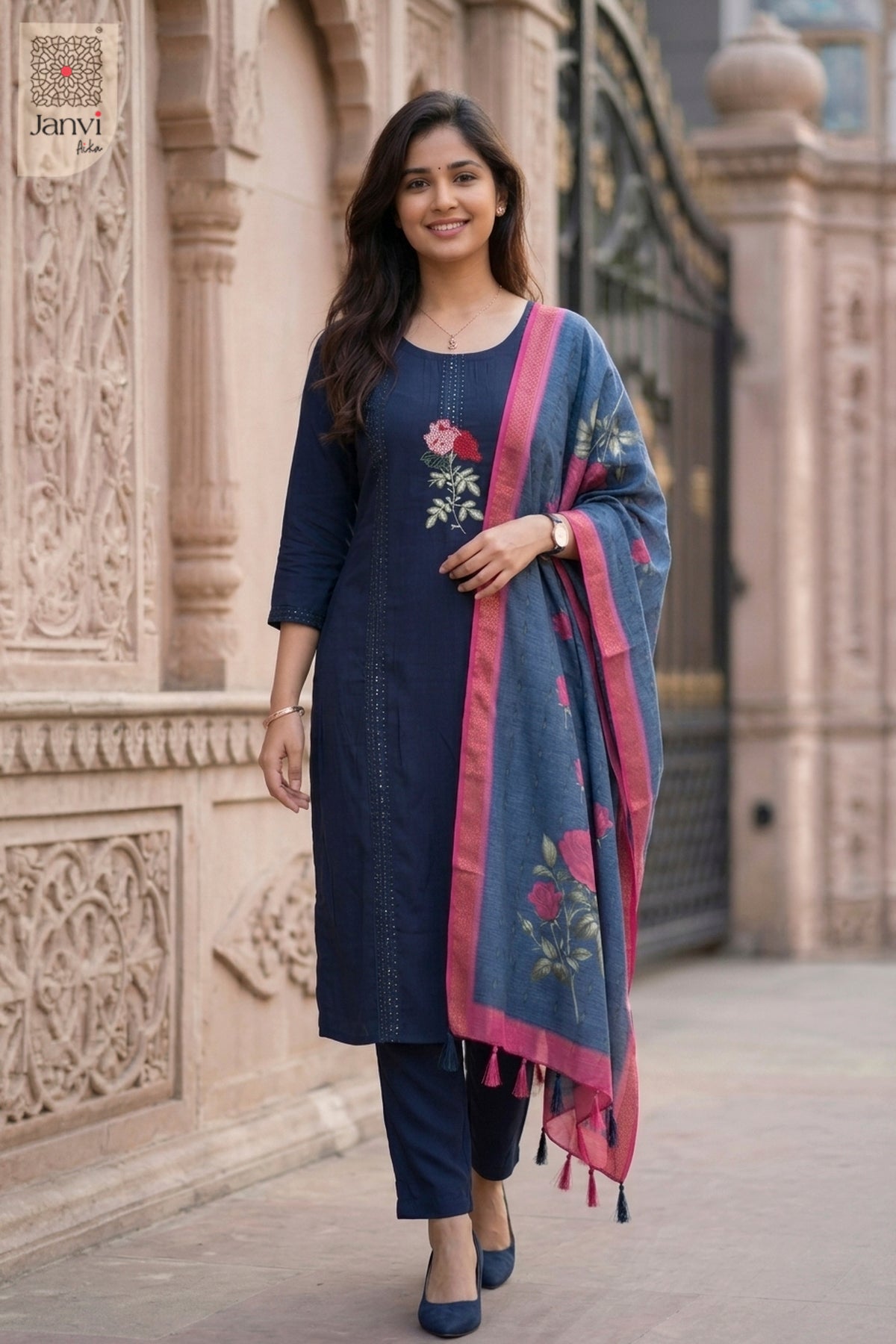Front angled view of the flared silhouette of Deep Sea Dahlia for black and white dresses for women.