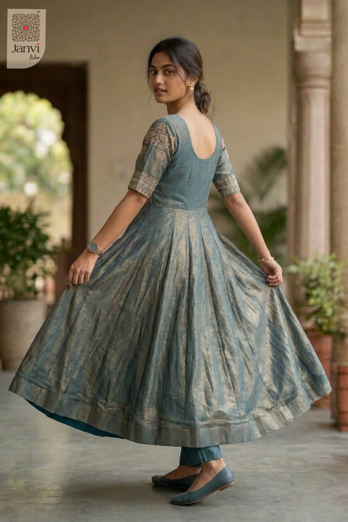 Designer Teal Shimmer Festive Luxe Anarkali Dress