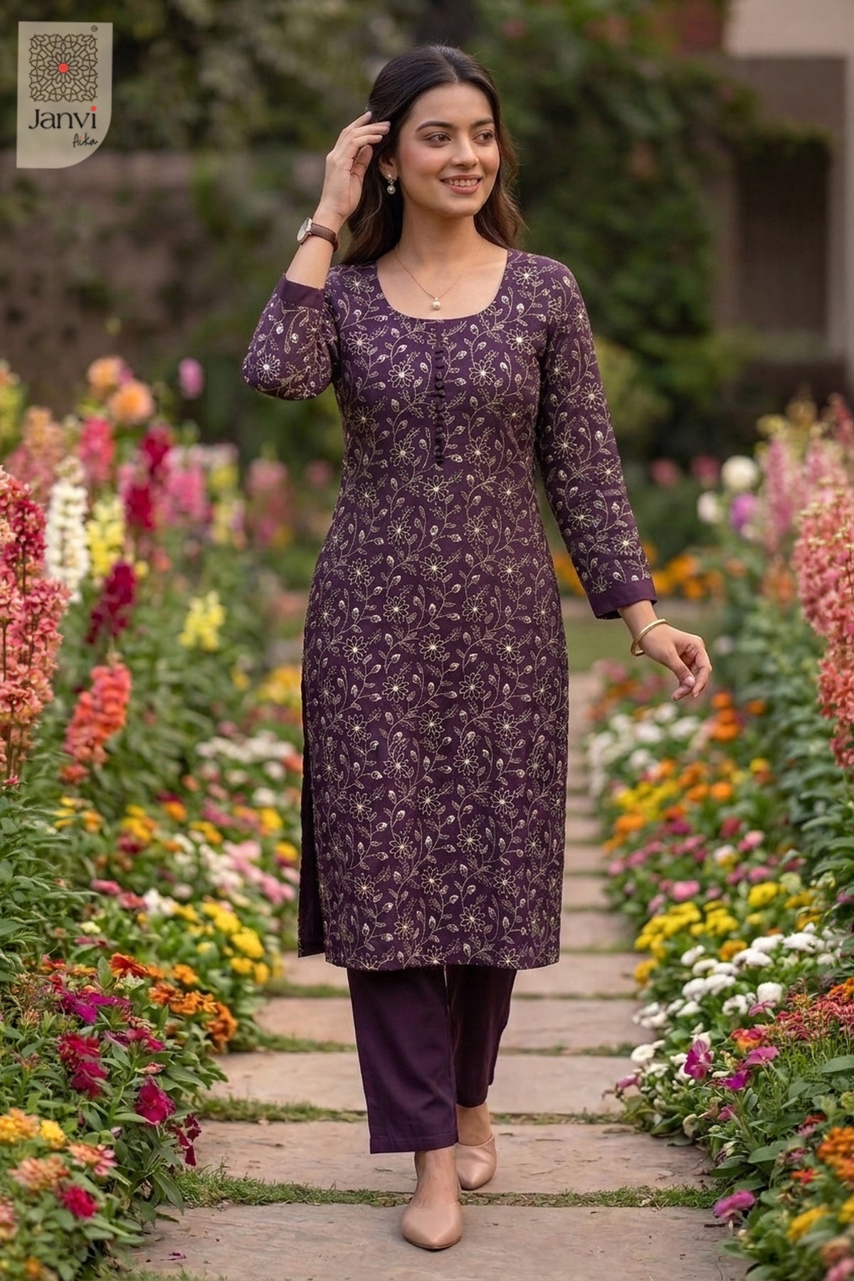 Deep Plum Wildflower Theory Floral Embroidered Round Neck Buttoned Kurta