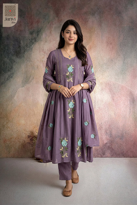 Dusty Lavender Rose Reverie Floral Embroidered Notch V Neck Pleated Kurti