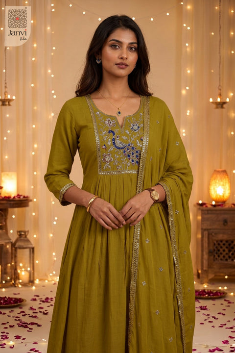 Feather Arc Embroidered Notch Neck