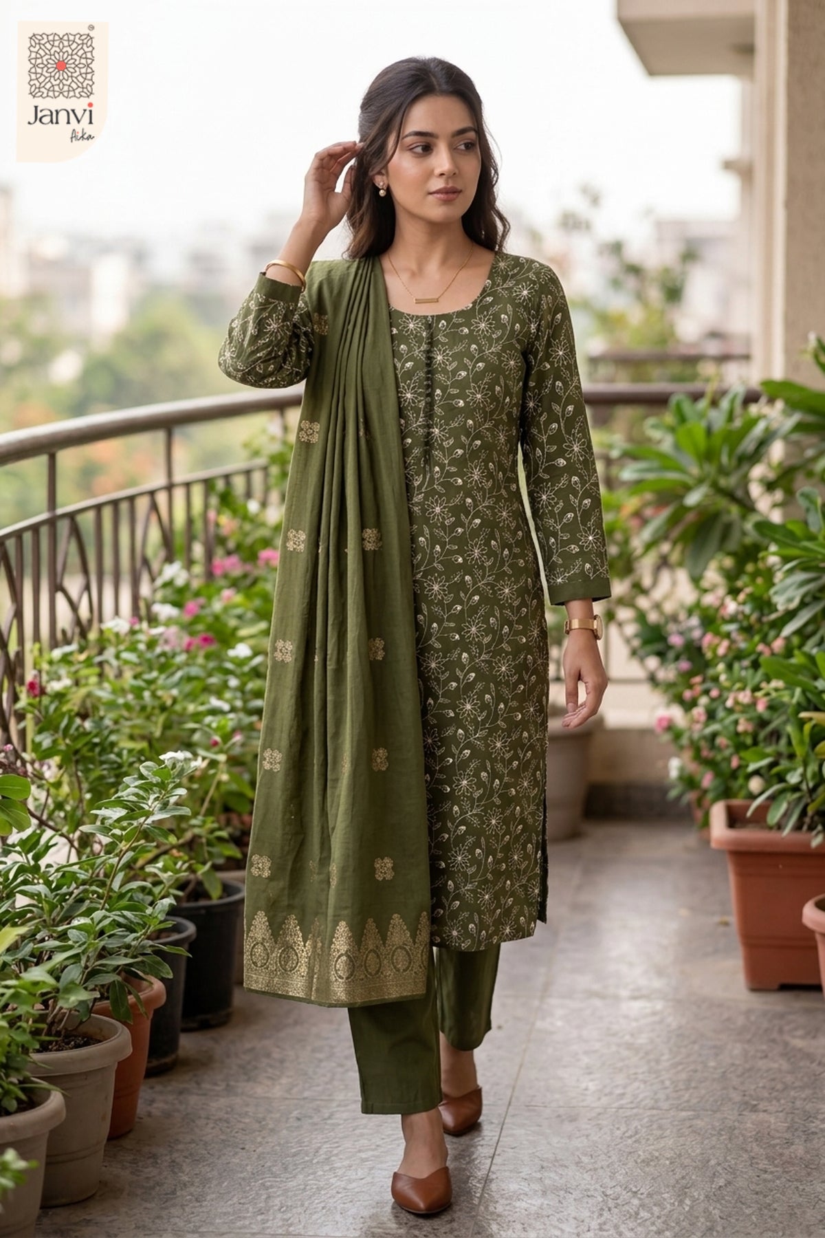 Fern Green Daisy Diaries Floral Embroidered Round Neck Kurti