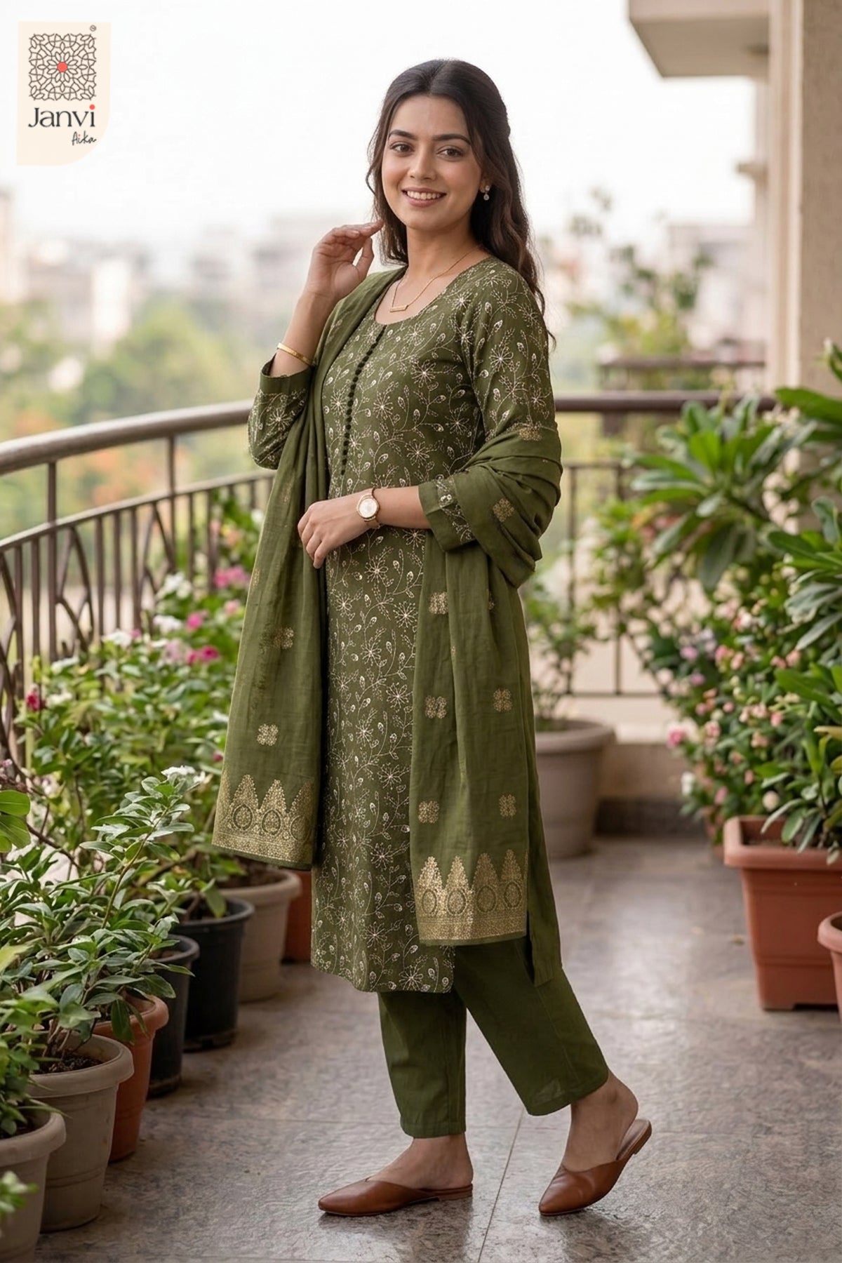 Fern Green Daisy Diaries Floral Embroidered Round Neck Kurti