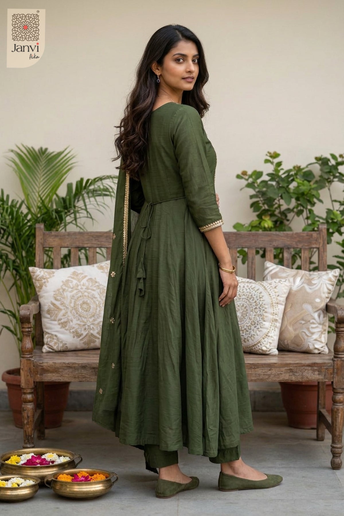Fern Peacock Cutdana Notch Neck Anarkali